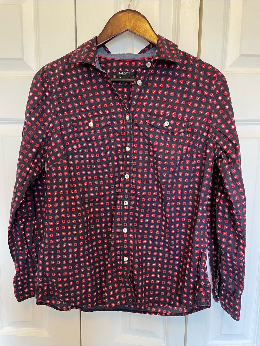 Talbots Navy Shirt with Pink Geo Dot Print- Petite Size 10